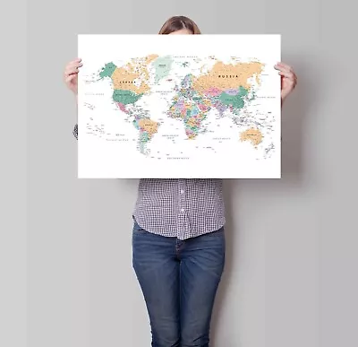 Laminated World Map  White Print Poster Atlas Wall Chart A1 A2 A3 Free Postage • £9.99