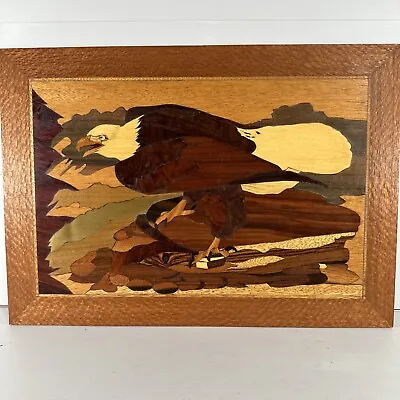 Folk Art Marquetry Wood Inlay American Bald Eagle On Rock Plaque ~ 14” X 20” • $40