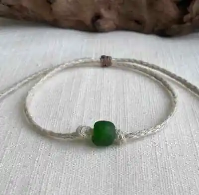 Organic Natural Hemp Anklet Emerald Green Recycled Glass Bead Adjustable • $11