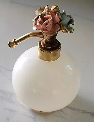 Vintage I W Rice & Co Perfume Atomizer White Metal Flowers Gold Trim • $30