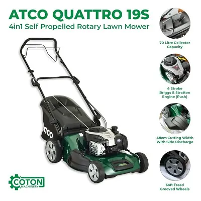 Atco Quattro 19S 4in1 Self Propelled Rotary Lawn Mower Briggs & Stratton Push • £359