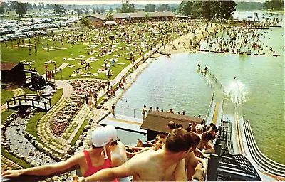 The Sea Slide & Bathing Beach Lake Of The Woods Mahomet IL Chrome Postcard 1950s • $13.95