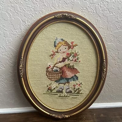 Vintage Framed Embroidered  Dutch Girl In Garden Framed Oval Picture • $13