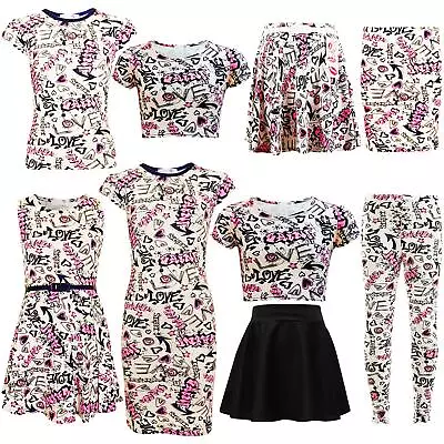 £8.99 • Buy Kids Girls Love Comic Graffiti Print Legging Skater Midi Dress Crop Top Skirt