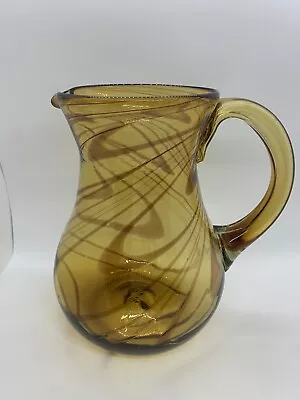 VTG Murano Style Large Hand Blown Pitcher Amber Brown Swirls Art Glass 92 Oz 9 T • $24