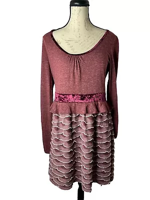 A’REVE Bohemian Boho Tiered Velvet Trim Long Sleeve Burgundy White Dress Sz L • $14.99