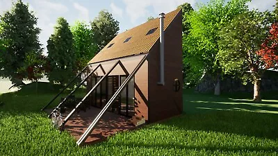 Custom Cabin A-Frame House Plan With Exterior Tiny 3D Images & PDF For Blueprint • $22.48