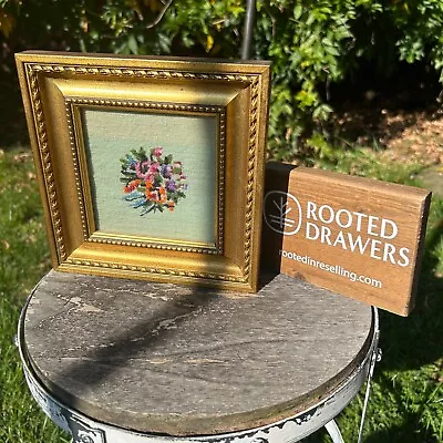 Vintage Floral Needlepoint Framed Embroidery Fiber Wall Art Cross Stitch Decor • $29.99