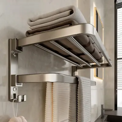 Towel Rack Holder Double Fold Hanger Wall Bathroom Clothes Hanging Storage Shelf • $70.33