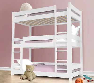 Triple Bunk Beds High Sleeper Kids Children Pine Wooden Bed Frame With Stairs • £299.95