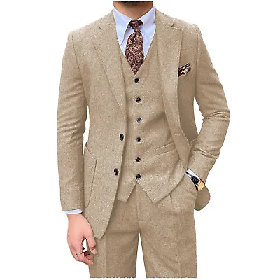 Mens 3 Piece Suits Tweed Wool Herringbone Tuxedos Blazer+Vest+Pants 42r 44r 46r • $79.98