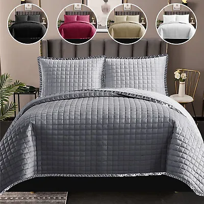 3 Piece Quilted Bedspread Bed Throw Single Double King Size Embossed Bedding Set • £18.99
