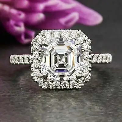 Asscher Cut Halo Moissanite Micro Pave Set Engagement Ring 9k Solid White Gold • $355.94