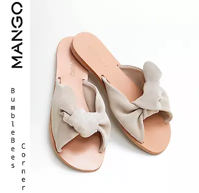 MANGO Slide Sandals SUEDE LEATHER Flats BOW Strap KNOT VAMP Sand Shoes 37 NIB • £42.42