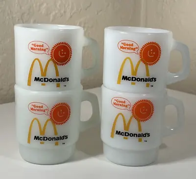 Set Of 4 McDonalds Fast Food Stacking Milk Glass Mugs Anchor Hocking Fire King • $49.99