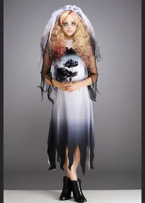 Kids & Teen Halloween Zombie Bride Gothic Fancy Dress Costume & Veil Headpiece • £35.49