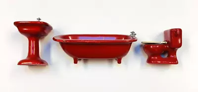 Dollhouse Miniature Ceramic Bathroom Set Toilet Sink Bathtub Vintage Retro Red • $32.50