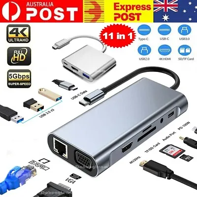 11 In1 Hub USB-C Type-C USB 3.0 4K HDMI RJ45 Ethernet SD TF OTG PD Port Adapter • $19.94