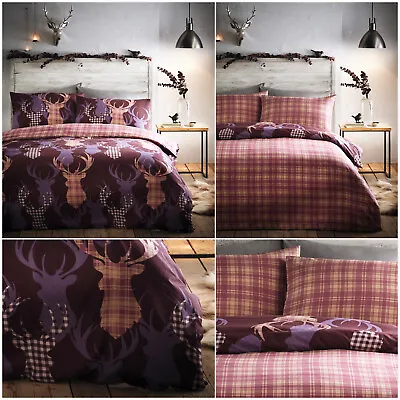 Plum Tartan Stag Deer Animal Check Reversible Bedding Duvet Quilt Cover Set Bed • £18.99