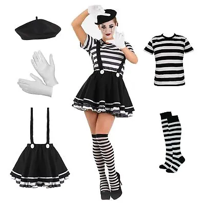 Women Mime Artist Costume + Socks S-XL Ladies French Circus Carnival Fancy Dress • £35.31