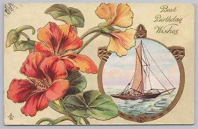 Bright Red Orange Yellow Flowers~Square Sail Sloop~Gold~Emb~Stecher 108C~1912 PC • $2.80