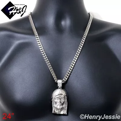 24 MEN Stainless Steel 7mm Silver Miami Cuban Necklace ICY CZ Jesus Pendant*P143 • $49.99