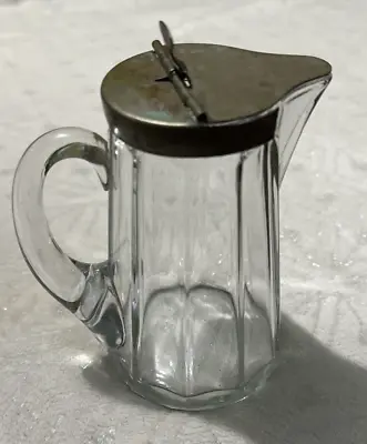 Vintage 1910 Glass Small Carafe/syrup Dispenser/creamer W/ Silver Metal Flip Lid • $24.95