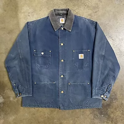 Vintage Carhartt Blue Corduroy Collar Chore Jacket RARE Sz 48 Fits True XXL • $799.99