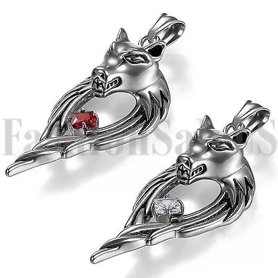 Mens Stainless Steel Tribal Wolf White Red Cubic Zirconia Pendant Necklace Chain • $9.99