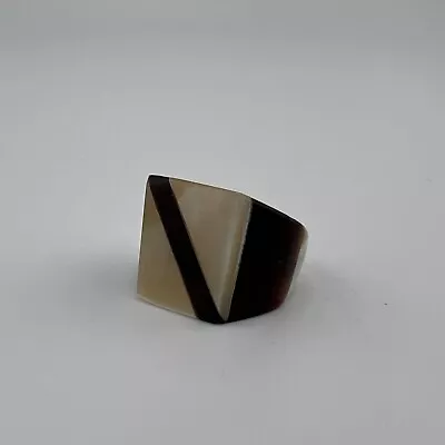 Vintage Art Deco Ring 7 Square Brown & Mother Of Pearl Mens MCM White Black • $59.99