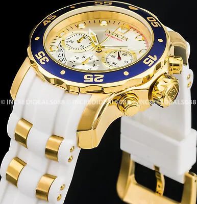Invicta Men PRO DIVER SCUBA CHRONOGRAPH Gold Blue Silver Dial White Strap Watch • $109.93