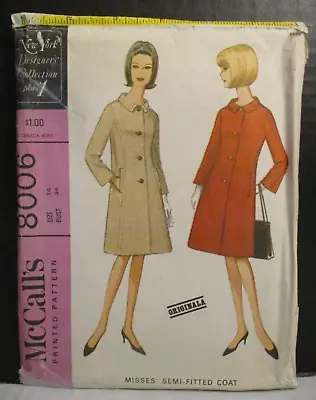 McCall's Pattern 8006 Misses Semi-Fitted Coat Size 14 Bust 34  Cut Complete Vtg • $10.39