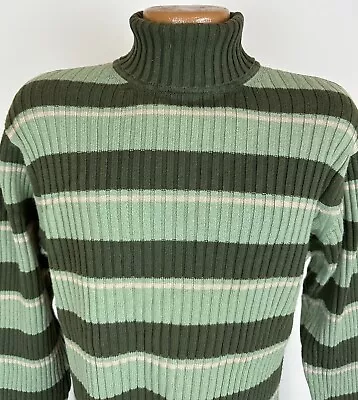 Vintage 90s Y2K GAP Turtleneck Sweater XL Tight Fit Olive Green Stripe Ribbed • $25.49