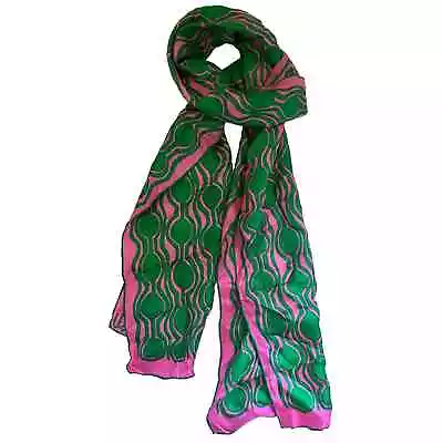 Vintage VERA Neumann Silk Scarf ~ Signed ~ Green & Pink Abstract 11  X 64  • $57