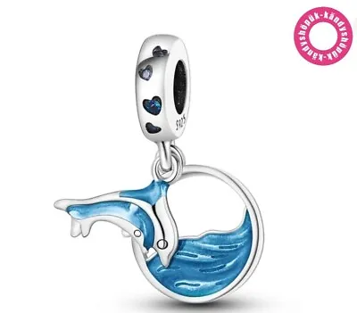 Dolphin Ocean Blue Waves Dangle Charm Bead For Bracelet S925 Sterling Silver • £10.99