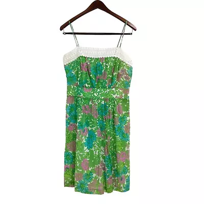 Milly Green Floral Crochet Lace Trim Spaghetti Strap Sun Dress Womens Size 8 • $34.99