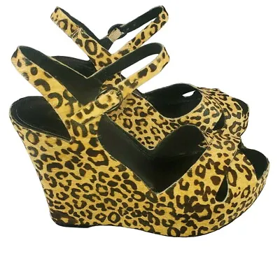 Matiko LYNN Leopard Tiger Tan Wedge Platform Peep Toe High Heels Pumps Shoes 7 • $29.74