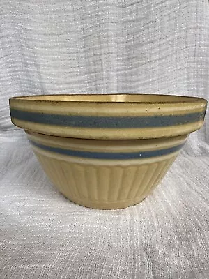 Vintage Mixing Bowl Yellow Ware 8.5” Diameter Blue & White Banded • $29.90