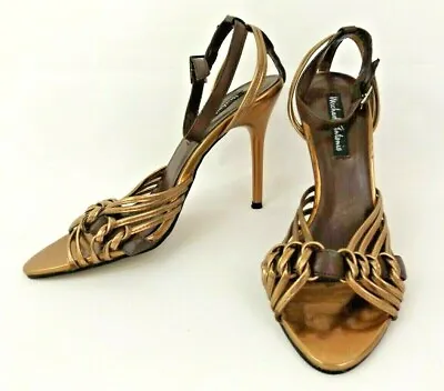 Vtg Michael Antonio Women Stiletto Sandal Shoes Ankle Strap Metallic Gold Sz 6 • $24.88