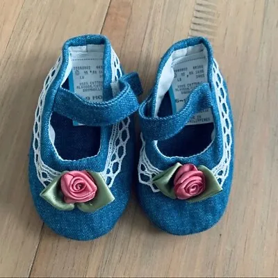 $7.48 • Buy Vintage Chambray Lace Soft Sole Crib Shoes Baby Infant Mary Jane Rose 6-9M