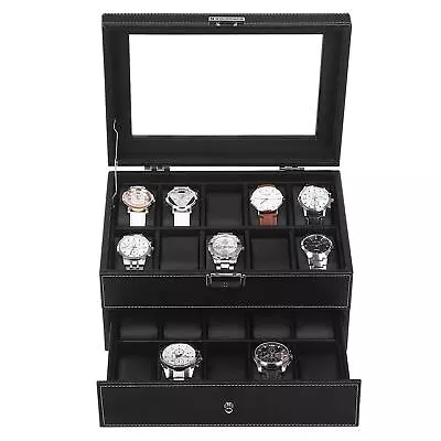 20 Slot Watch Box Lockable Storage Organizer Display Case With Glass Top Black • $26.99