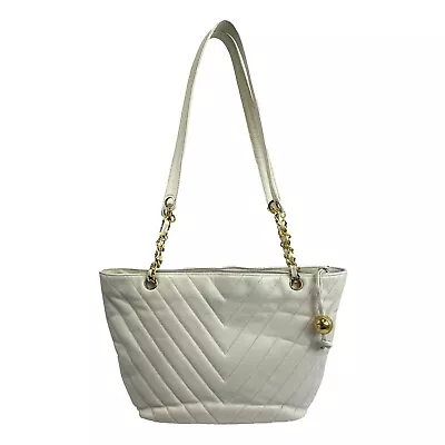 CHANEL - Vintage 1994 White Leather Small Chevron Tote / Shoulder Bag • $919