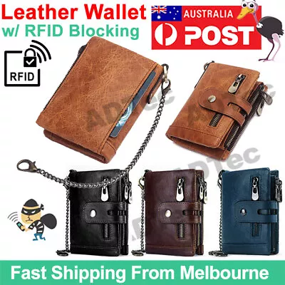 $26.95 • Buy Men's RFID Blocking Wallet Genuine Leather Purse Card Slots Coins Holder Chain