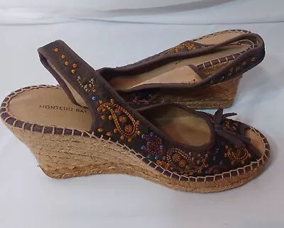 Montego Bay Club Wedge Jute Embrodered Peep Toe Sandal Womens Size 8.5 Slingback • $13.49