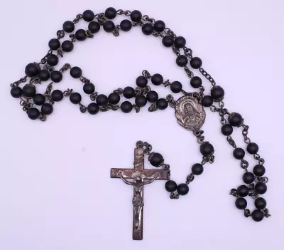 Vintage Catholic Creed Sterling Silver Rosary Black Wood Beads Capped Pater • $15