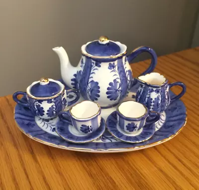 Miniature Tea Set Blue & White W/Gold Trim Made In Thailand Unbranded • $11.19