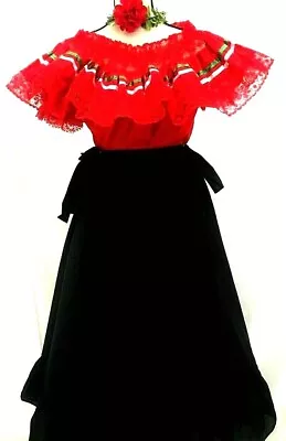 Mexico Peasant Two Piece Dress Red Blouse Black Skirt Bohemian Frida Kahlo Dance • $79.95