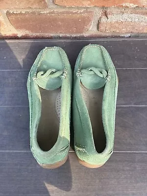 L.L. Bean Green Suede Leather Loafers Moccasins Vibram Sole Size 8 M • $16.95