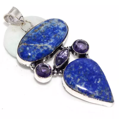 Lapis Lazuli Amethyst 925 Silver Plated Long Pendant 2.5  Chunky Jewelry GW • $3.99