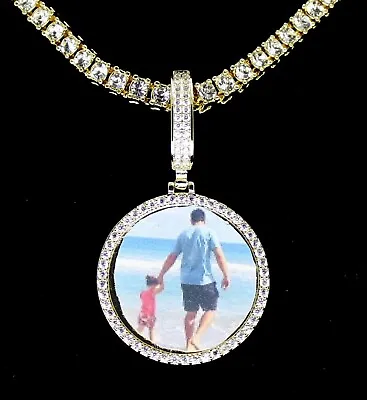 Picture + Glass Included Icy CZ Custom Photo Pendant 14k Gold Plated Necklace • $13.99